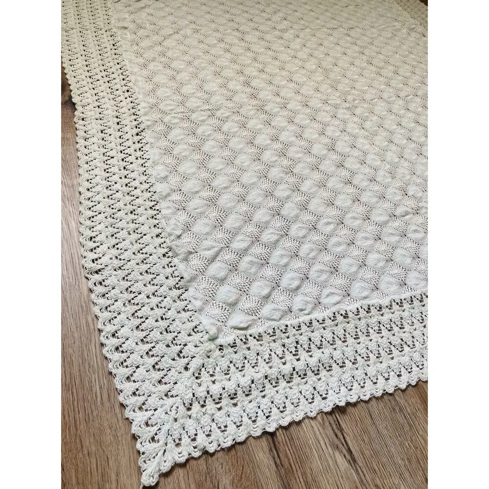 ANTIQUE BABY BLANKET DELICATE FINE 40 X 40 PALE MINT GREEN COVERLET PEACOCK VNTG